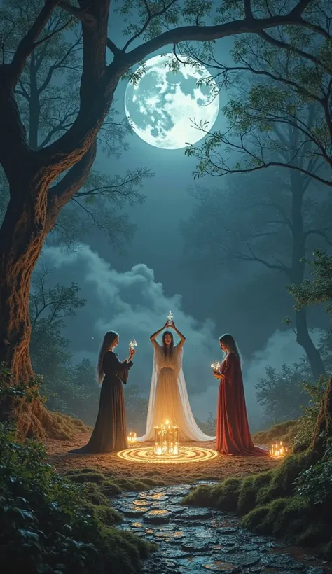 ✨ Prompt Perfeito: Tríplice Deusa Wicca - Lua Cheia na Floresta com Hécate, Pureza e Poder ✨

**"Create a hyper-realistic, cinematic video depicting the sacred presence of the Tríplice Deusa Wicca—Maiden, Mother, and Crone—under a mystical full moon in an ...