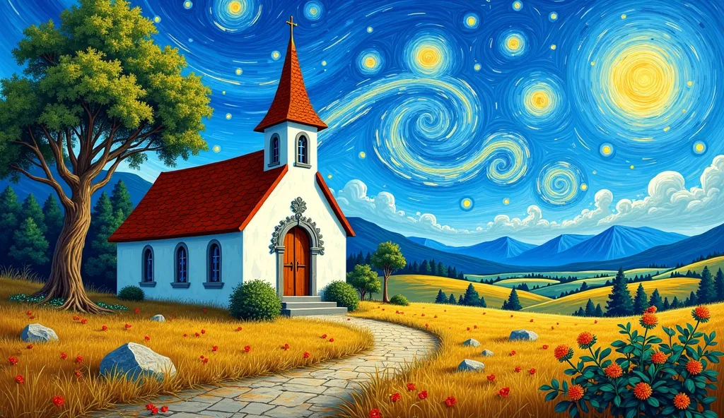 A small and pretty church, Painted by Van Gogh, The church stands in the left corner of the picture. 