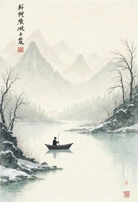 Chinese landscape painting，ink and watercolor painting，water ink，ink，Smudge，Faraway view，Ultra-wide viewing angle，Meticulous，Fishing boat vistas，Meticulous，Smudge，low-saturation，Low contrast，Fishing alone in the cold river snow，snow landscape，Beautifully d...