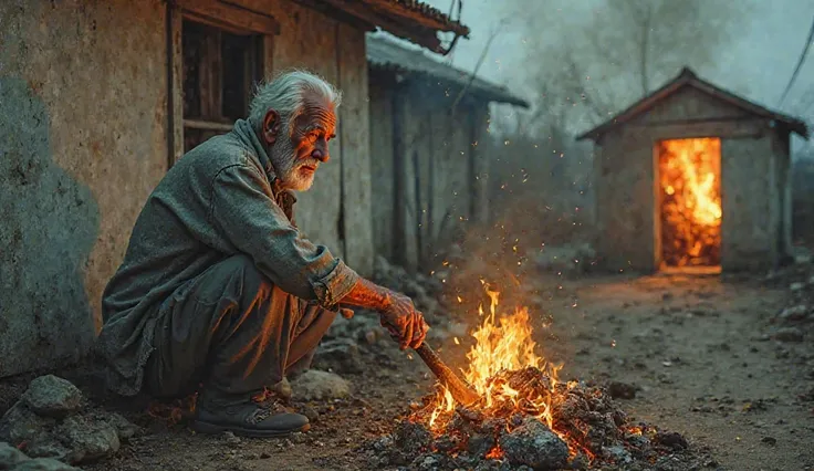 A collage with a smooth transition. In the foreground, grandpa burns garbage outside the house, in the background this grandpa is crying, a shed is burning behind him