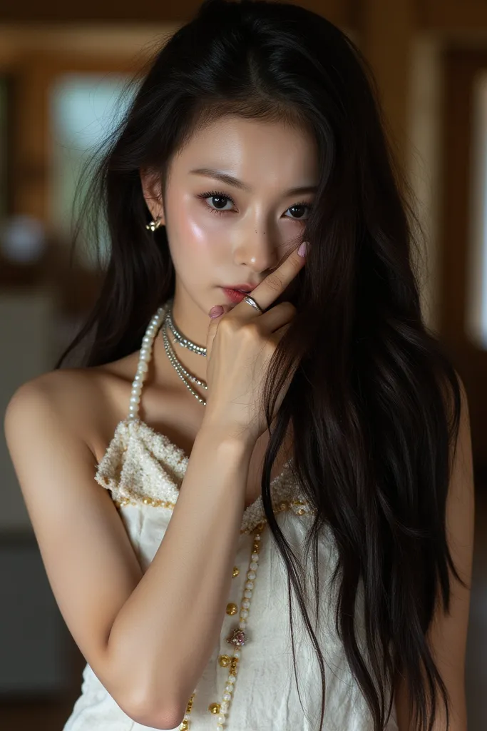 bright photo of beautiful korean girl with long  black wavy hair wearing bohemian dress, inside a rustic house, necklace, dslr, studio lighting, high quality,  light reflections, blood vessels, pale skin, detailed skin, 