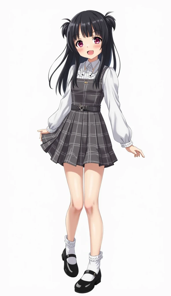 Japanese anime adolescent woman with long straight black hair with two pigtails and short locks and intense magenta eyes and wears an outfit with a white blouse with long puffed sleeves and a gray plaid dress with a pleated skirt and belt. She wears white ...