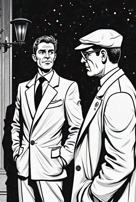 Scene classic 1950s comic strip style, line drawing, no greyscale, just black & white, showing two people at night, one of them a handsome private detective in his 30s, the other one his pal a stout man of 40 y.o. who wears a flat cap and glasses with an u...