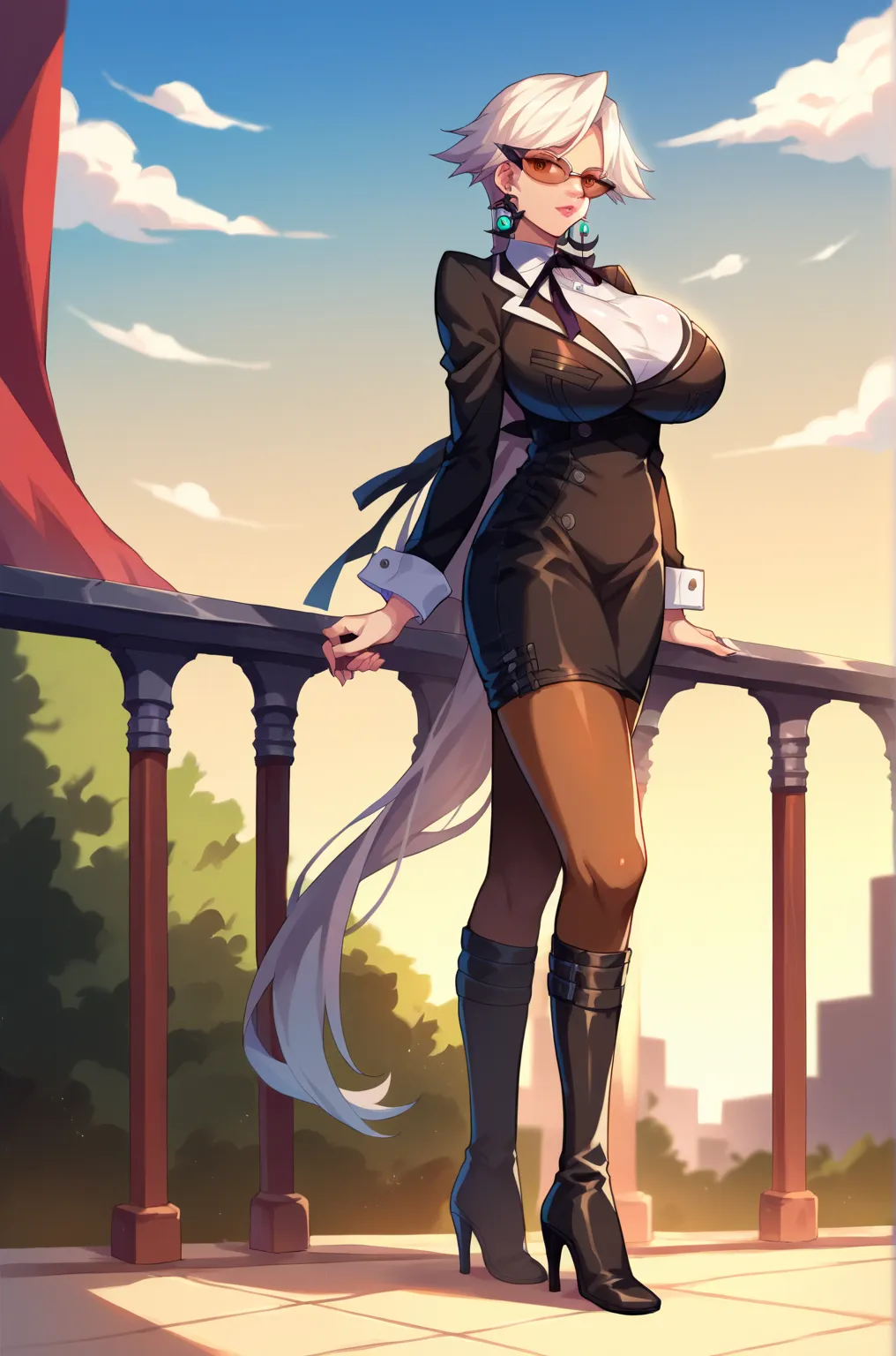 score_9, score_8_up, score_7_up, score_6_up, source_anime, 1girl, solo, basquashhg, low ponytail, very long hair, white hair, brown eyes, sunglasses, lipstick, large breasts, earrings, necklace, black sleeves, thigh heels boots, long sleeves, skirt, pantyh...