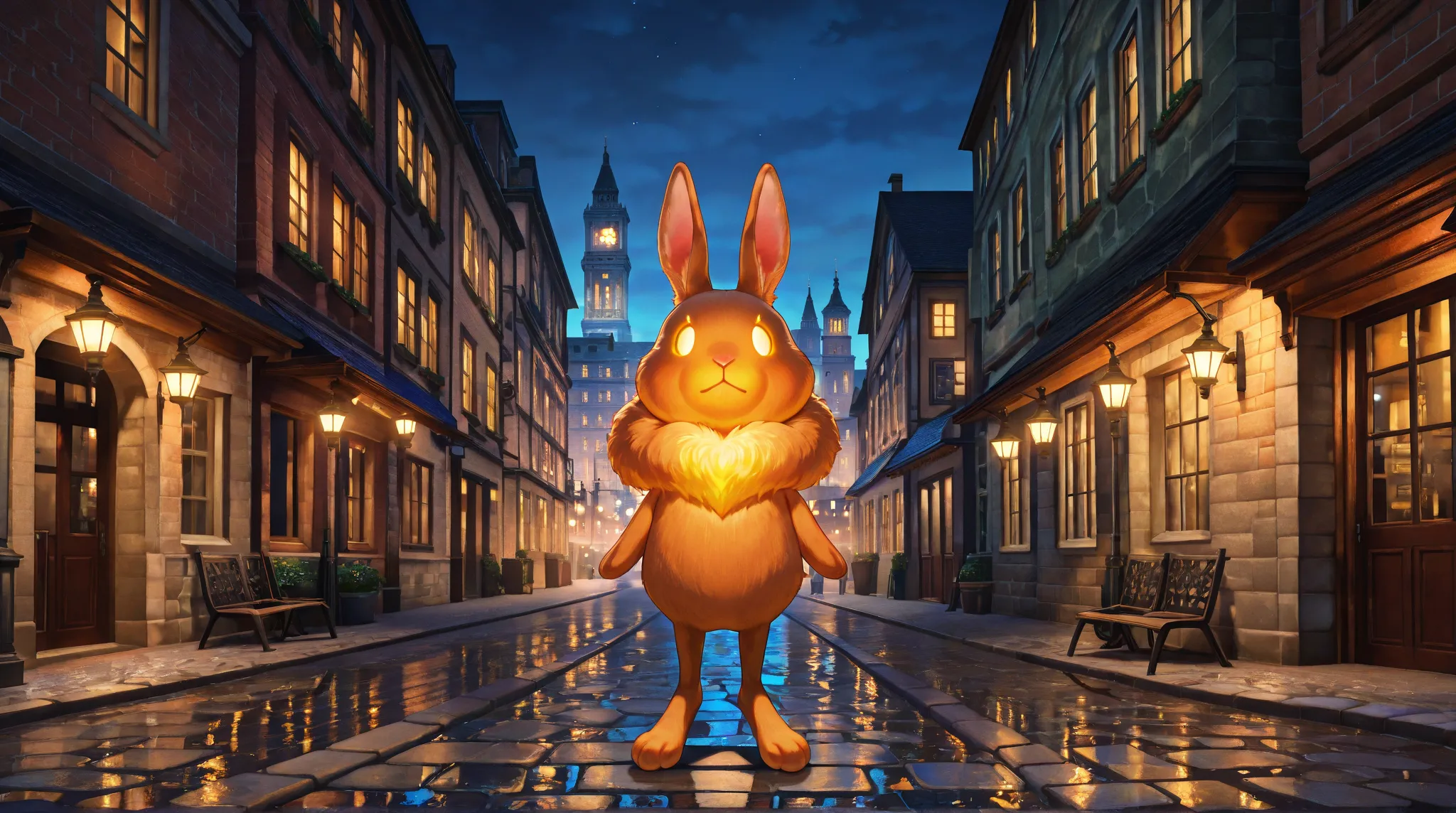 A highly realistic 3D rabbit with soft fur, standing upright on two legs like a human, motionless in the middle of a narrow European alleyway at night. The rabbit is not wearing any clothes, and its back is facing the viewer, showing only its detailed fur ...