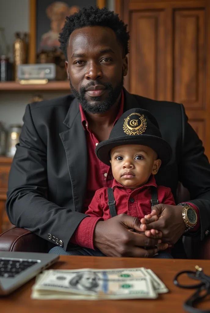 A picture of a black man, a good-looking woman in a hair salon, wearing a black suit jacket with the Freemasons' logo on the chest and a red shirt and hat with the Freemasons' logo, with the letter G in the Freemasons' logo, holding a very young three-year...