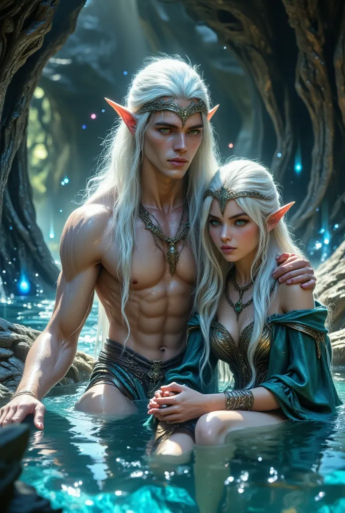 A 25-year-old elf young man with pale skin, muscular, cold blue eyes, long, silvery-white hair, long, smooth, braided on both sides of their heads, thick black eyebrows, He is wearing a silver tiara on his head, and is dressed in light white elven armor. N...