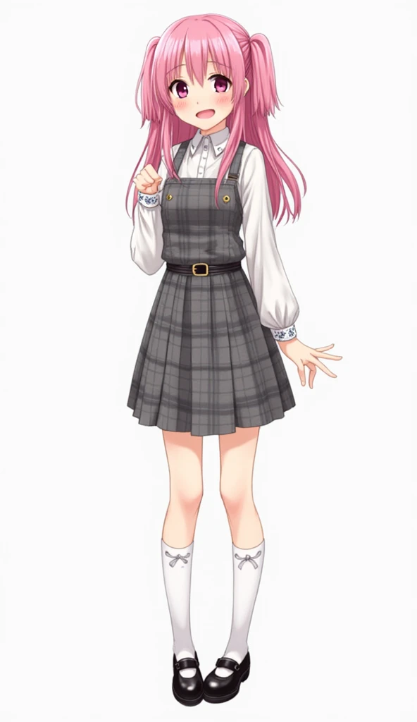 Japanese anime adolescent woman with long straight pink hair with two pigtails and short locks and intense magenta eyes and wears an outfit with a white blouse with long puffed sleeves and a gray plaid dress with a pleated skirt and belt. She wears white s...