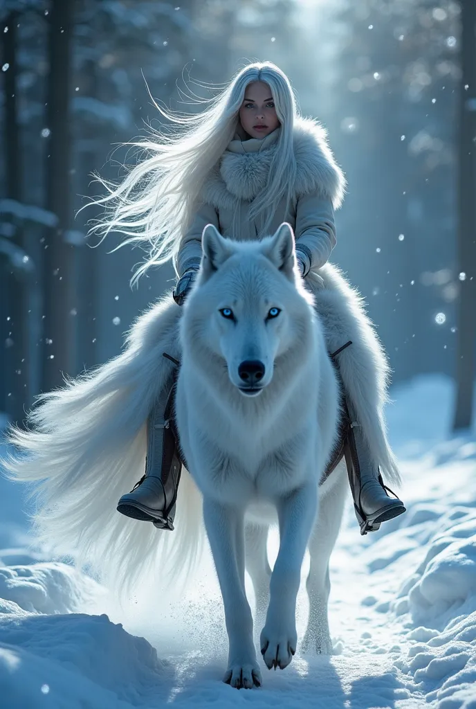 A majestic female with ethereal silver locks flowing like moonlight, astride a gleaming white wolf as they navigate through a serene snow-covered forest. The piercing blue gaze of the rider shines like stars on a winter's night, illuminated by the soft lum...