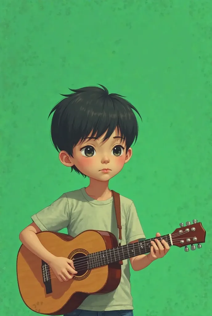 Drawing of a young boy, small, serious, relaxed, calm, with short straight black hair, playing the guitar with a completely green background without details