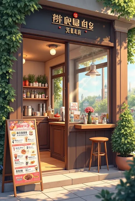 Suppose you are a professional artist and you want to draw a bubble tea shop that is calm and bright, has a variety of menus, and has a poster in front of the shop to help create a realistic image.