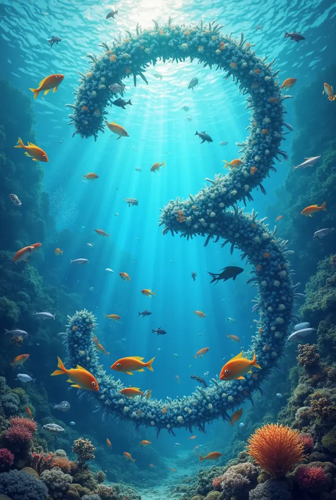 Underwater world, there are a lot of fish swimming in the water,  medium plan, in the center of the image there is an empty space in the form of the number 3, where there are no fish, , the number is not selected in any way, without filling and stroking. i...