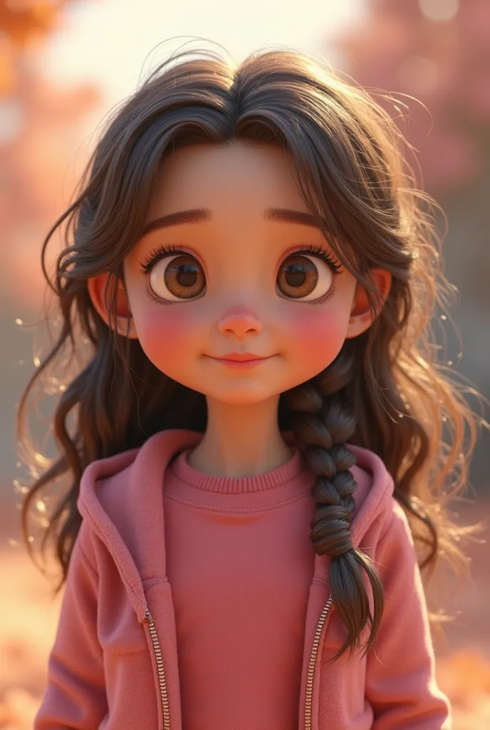 "A girl of about six years old with an animated 3D style, with shiny brown eyes and a sweet and innocent expression, Brown Leather.  has dark brown hair , long and wavy with a loose hairstyle. She is dressed in a warm pink jacket and a dark pink sweatshirt...