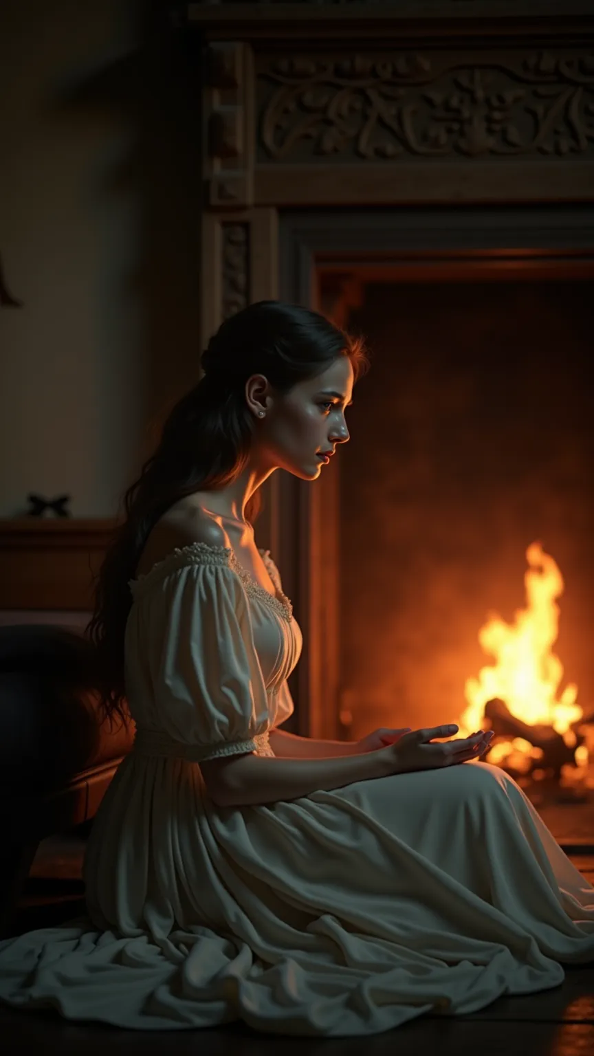 Beautiful and ethereal hyperrealistic photography. 8k. Mixed split image. Lonely princess sitting in front of fireplace in cottage. Exceptional detail.