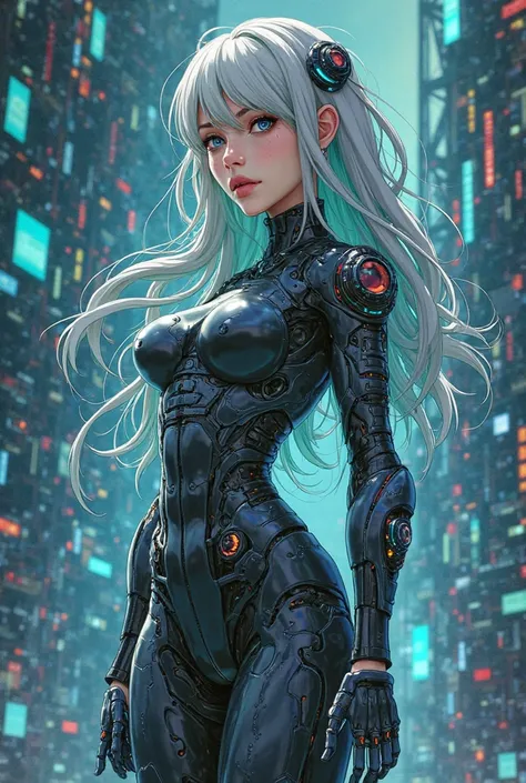 The image would show Donna Haraway as an anime heroine with a cybernetic design, with technological implants and surrounded by information networks and hybrid beings (mix of humans, animals and machines). full body