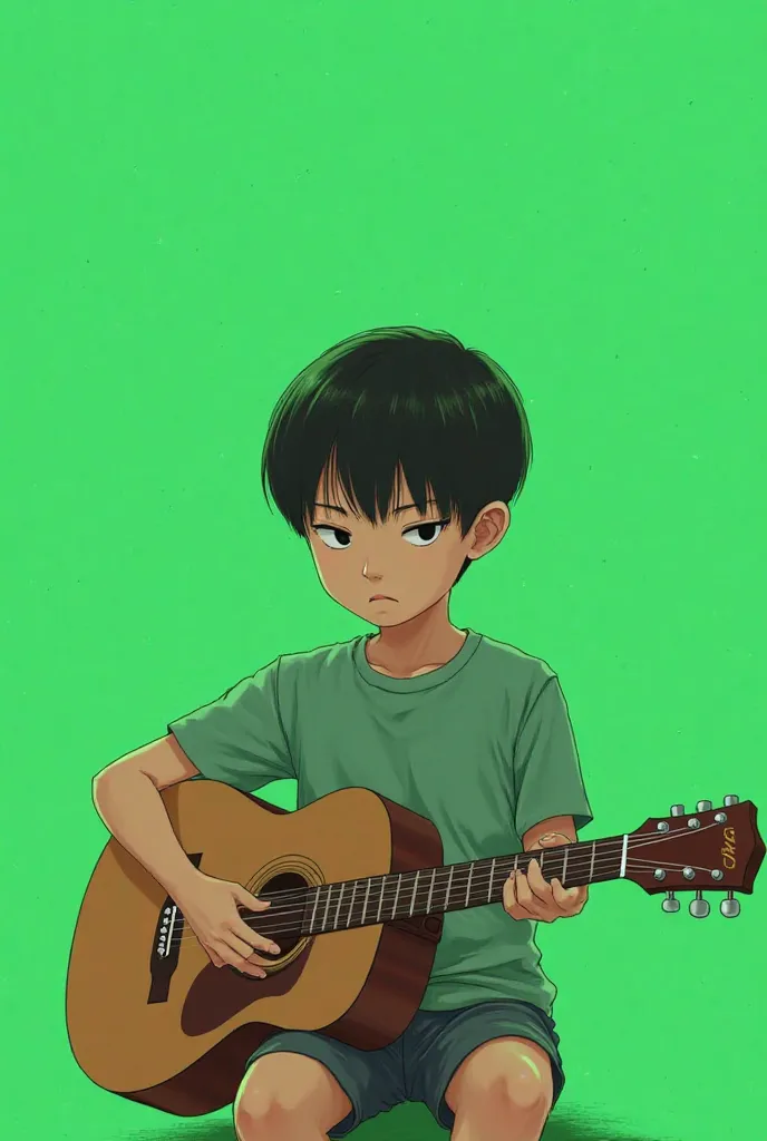 Drawing of a young boy, small, serious, relaxed, calm, with short straight black hair, playing the guitar with a completely green background without details