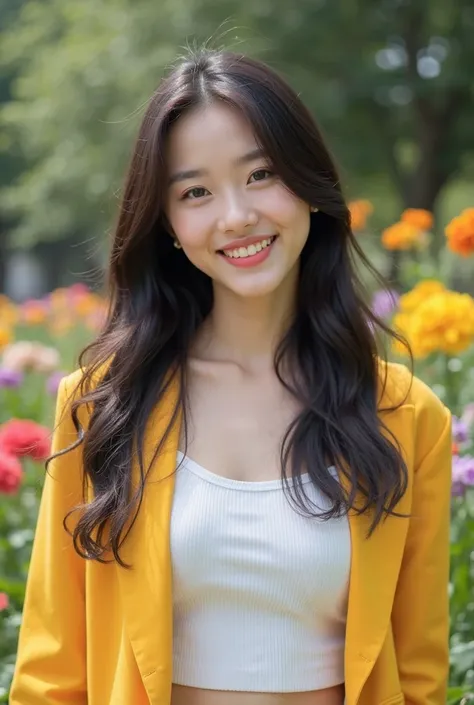 Image is a portrait-style photograph featuring a young woman with fair skin and long, light black hair. She is wearing a yellow blazer draped over one shoulder and a white hort-sleeved top. Smile open mouth , The background  is a flower park, The woman has...