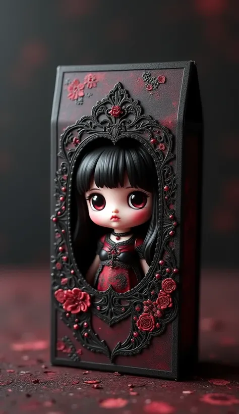 packaging for a mini chibi anime version. Make it dark feminine style. Simple but appealing