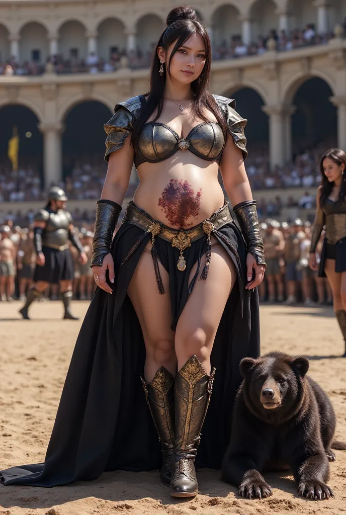 A voluptuous pregnant woman wearing woder woman costume with complete armor, tied-up hair, large hip, large thigh, high heels shoes, she was together with one dead bear near her feet, right hand hold a bloody knight, location on gladiator arena with specta...