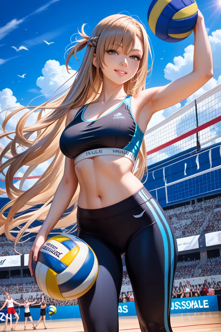 Blue Archive　Ichinose Asuna　black sports bra with hair out　black volleyball pants