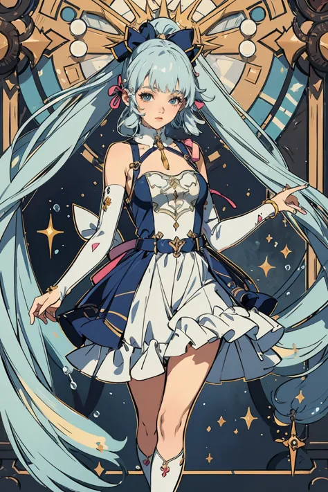 goddess, asymmetrical gloves, elbow gloves, 1girl, light blue hair, harness, dress, solo, ponytail, ahoge, armpits, bare shoulders, glow eyes, harness, maid dress with bare shoulder, chest sarashi, collarbone, garter on the legs, v neckline, stomach, strap...