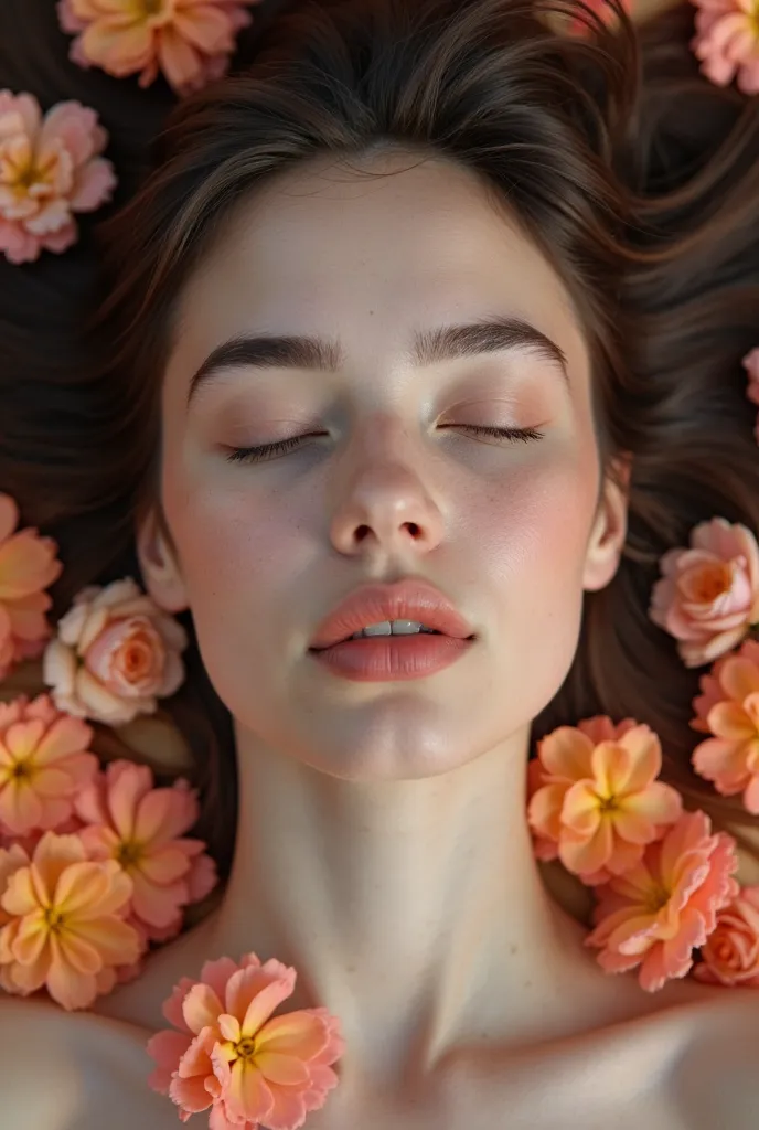 A close-up of the young woman’s face as she lies on a bed of fresh flowers, her eyes closed and her expression serene. Petals rest gently on her skin, and her hair fans out around her like a dark halo. The soft, natural light highlights the delicate contou...