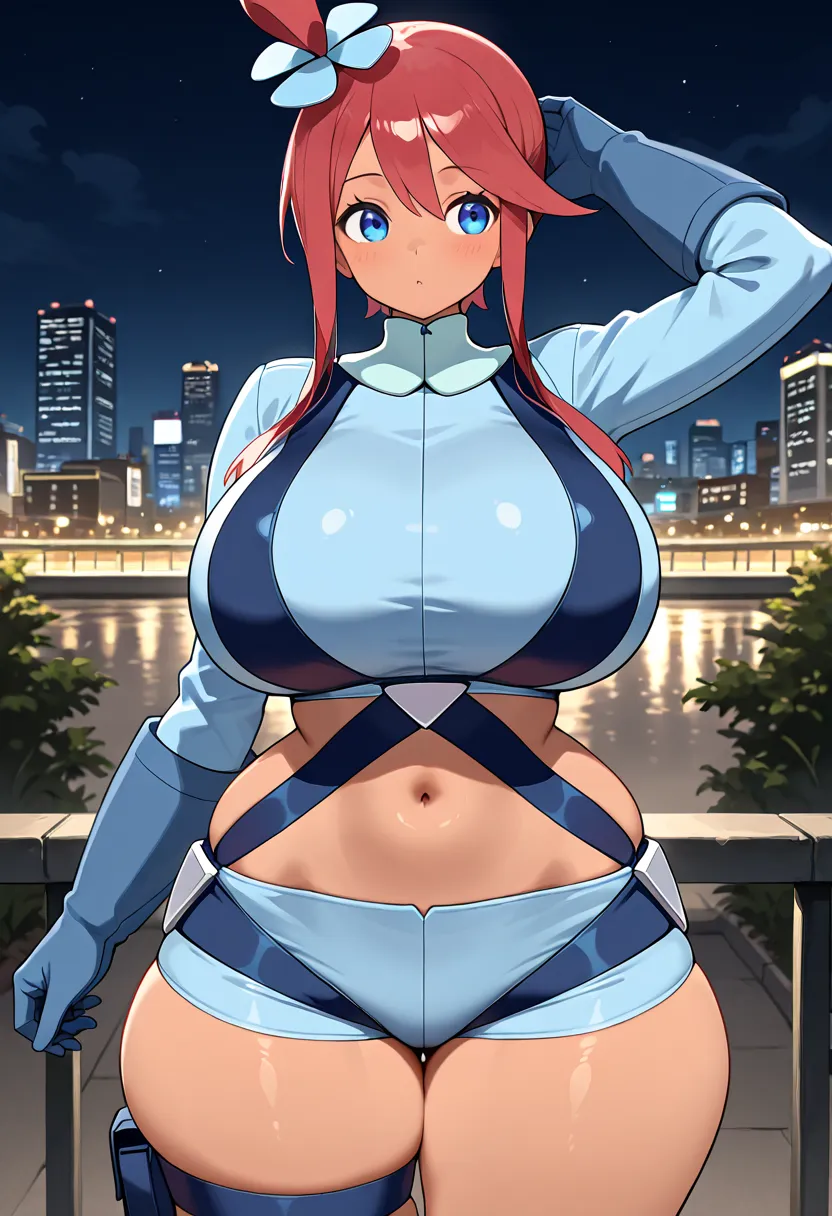 1girl, huge breasts, wide hips, thick thighs, huge ass, pokemonskyla, blue eyes, tanned skin, hair ornament, one side up, red hair, short hair with long locks, sidelocks, outdoors, (night), city, blue gloves, blue jacket, blue shorts, crop top, cropped jac...