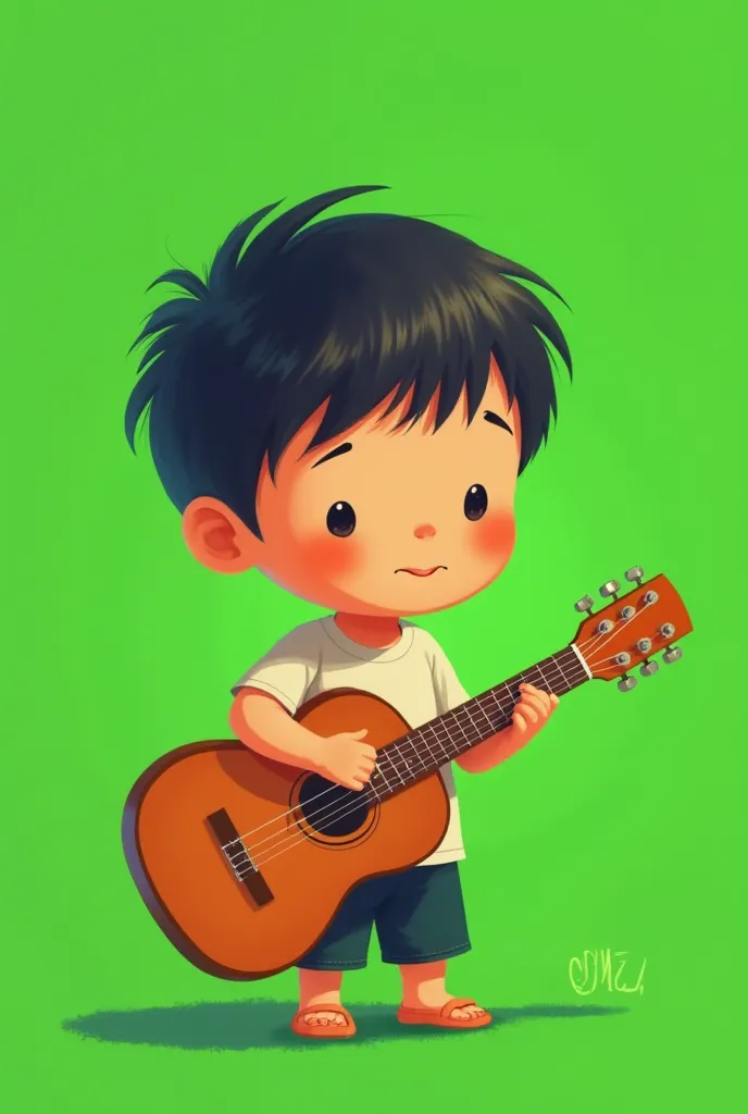 Drawing of a young boy, small, serious, happy, relaxed, calm, with short straight black hair, playing the guitar with a completely green background without details