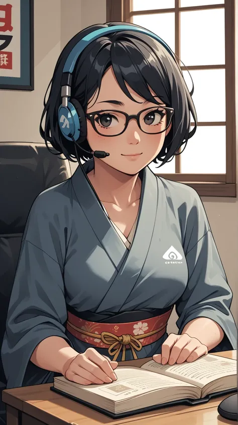 Adult Japanese female. Short, wavy black hair. Black eye color. Wears a dark grey Japanese kimono that reaches down to her ankles. Wears glasses. Wears a gaming headset. Streams PC games. Drawn in American comic book style. Deformed character. Cute. Backgr...