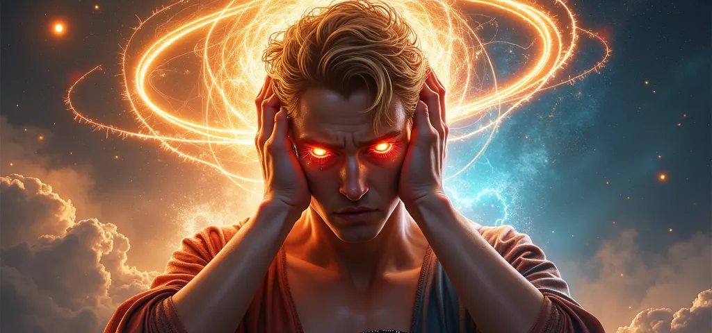 "A highly detailed, dramatic, and intense digital painting of a man holding his head in distress, with glowing red eyes and energy cracks running through his skin. His expression conveys overwhelming divine judgment and cosmic retribution. The background f...