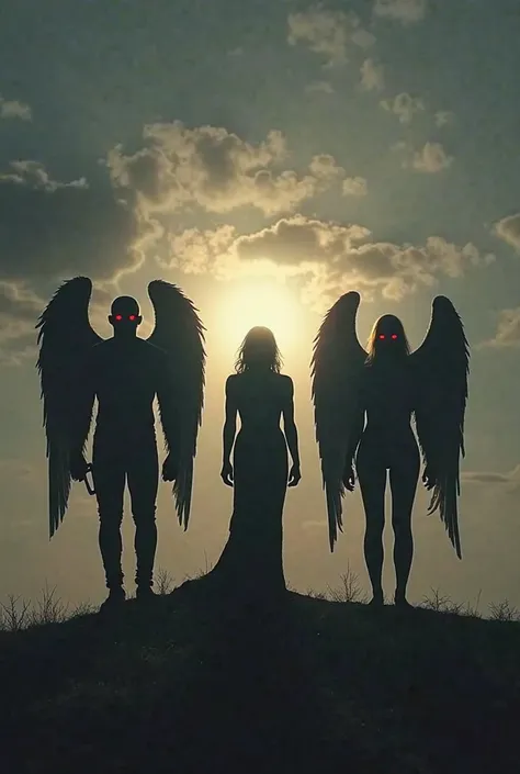 3 silhouettes in the sky as if they were horror angels, as if they were demons in the shape of angels, one with a fat physique another too skinny and the other with a normal physique like seeing me with red eyes and each with a trumpet the size according t...