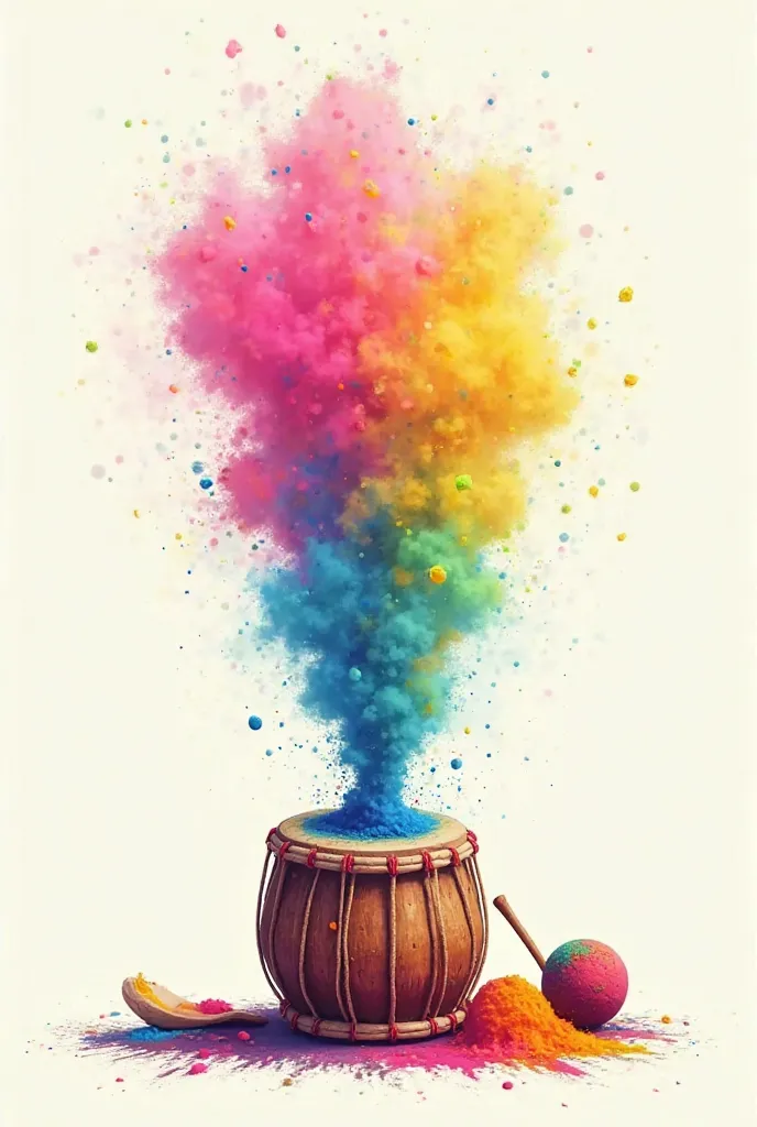 "A dynamic illustration featuring a dhol at the bottom with colorful pichkaris placed beside it. From the dhol, an explosion of pink, blue, yellow, and green gulal rises in an abstract cloud-like effect. The background remains off-white to enhance contrast...