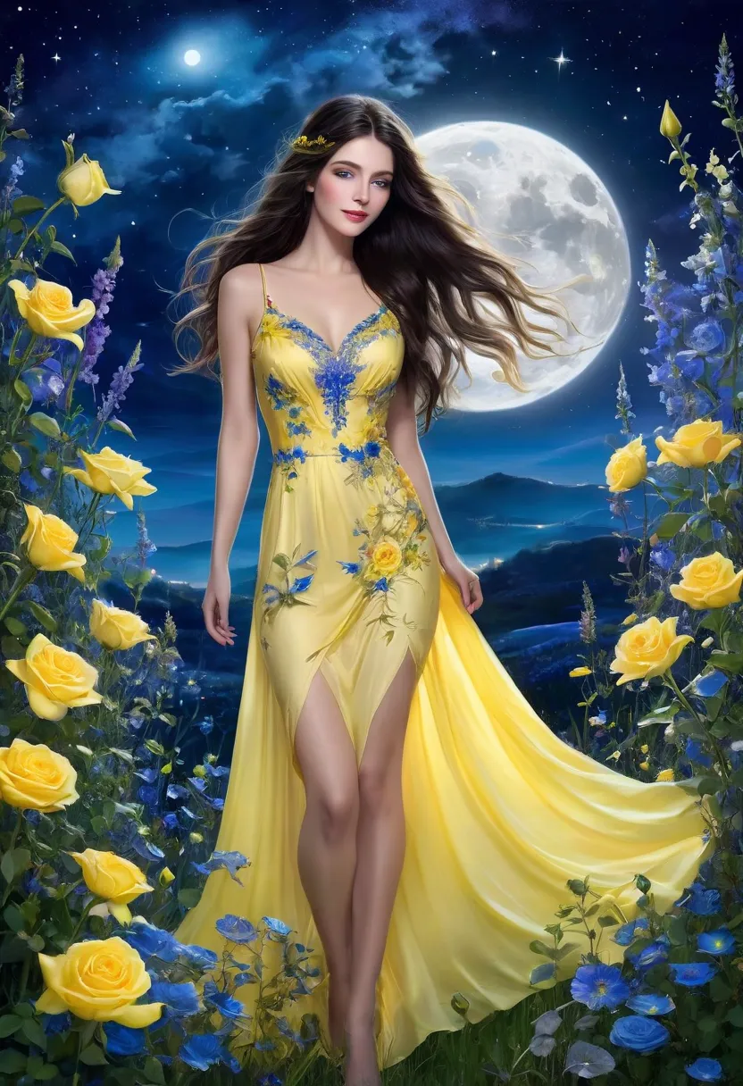 Under the full moon that shines in the night sky, the most beautiful European woman in the world is surrounded by colorful flowers. Her long dark hair shines with moonlight, emitting soft light. Her clean blue eyes and with a smile look quietly at the nigh...