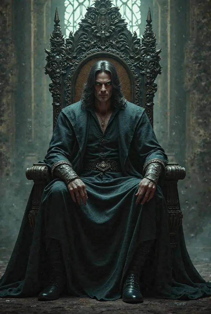 Tall dark lord (king), handsome, dark medium hair, green eyes, muscled  sitting on a throne that's dark. 