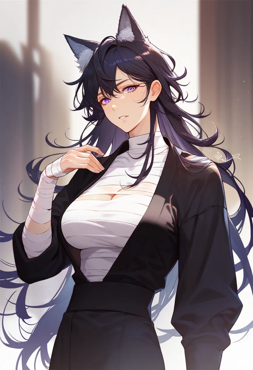 1girl, beautiful, black hair, messy hair, long hair, bangs, purple eyes, wolf ears, white skin, bit muscular, big breast, black outfit, bandage on her hand, manhwa