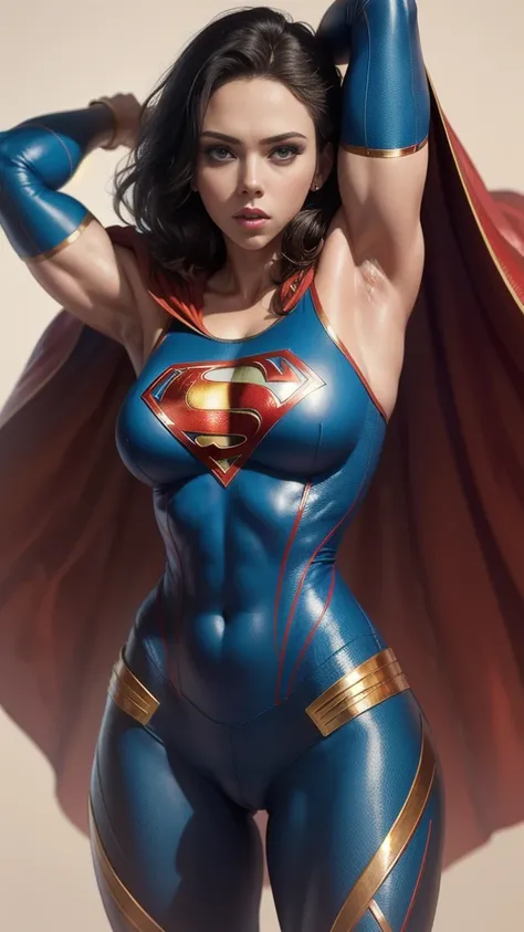 Scarlett Johansson, superwoman blue costume, red cape, massive muscles, huge biceps, huge leg muscles