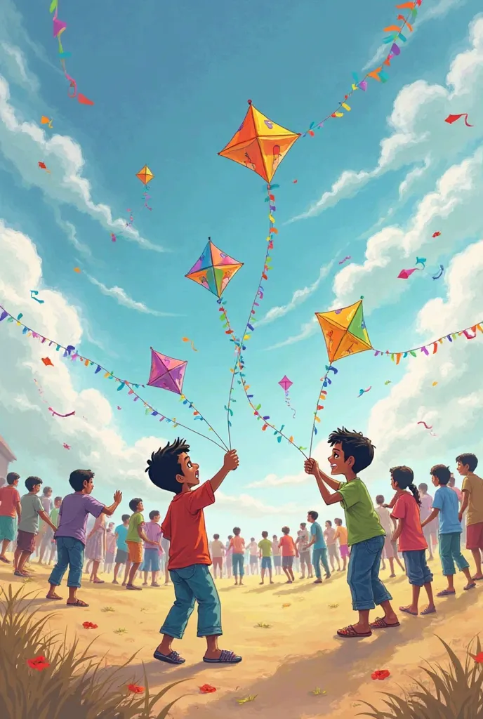 Colorful kites fill the sky as people of all ages participate.

Ravi and Arjun skillfully maneuver their kites, challenging each other.

The sound of "Woh Kaata!" (Got it!) echoes as they cut other kites.
