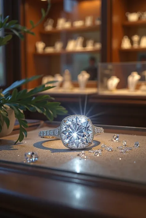 Real life images of a pie atmosphere in a jewelry store and a diamond necklace