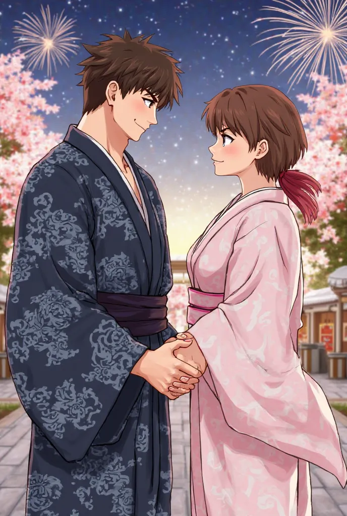 Ryu Street Fighter, Sakura Street Fighter, Japanese traditional festival, Ryu dark blue kimono, wave patterns, dragon patterns, Sakura pale pink kimono, cherry blossom patterns, Sakura short hair, brown hair, Sakura ears visible, Ryu dark haired, couple,  ...