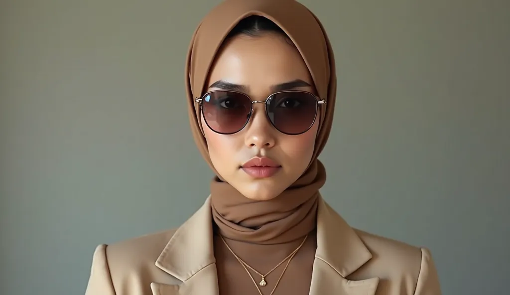 A 21-YEAR-OLD INDONESIAN BEAUTIFUL WNAITA WEARS A LIGHT BROWN HIJAB AND WEARS A BEIGE BLAZER AND WEARS A MINI NECKLACE AND WEARS SUNGLASSES