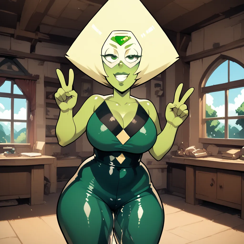 gem, forehead jewel, peridot, peace sign, tilt your head, cowboy shot, half-closed eyes, long eyelashes,looking at the spectator, Inside the house, Room, omo wet pants, peeing herself, thick thighs, very thick thighs, huge thighs, large breasts, milf, sexy...