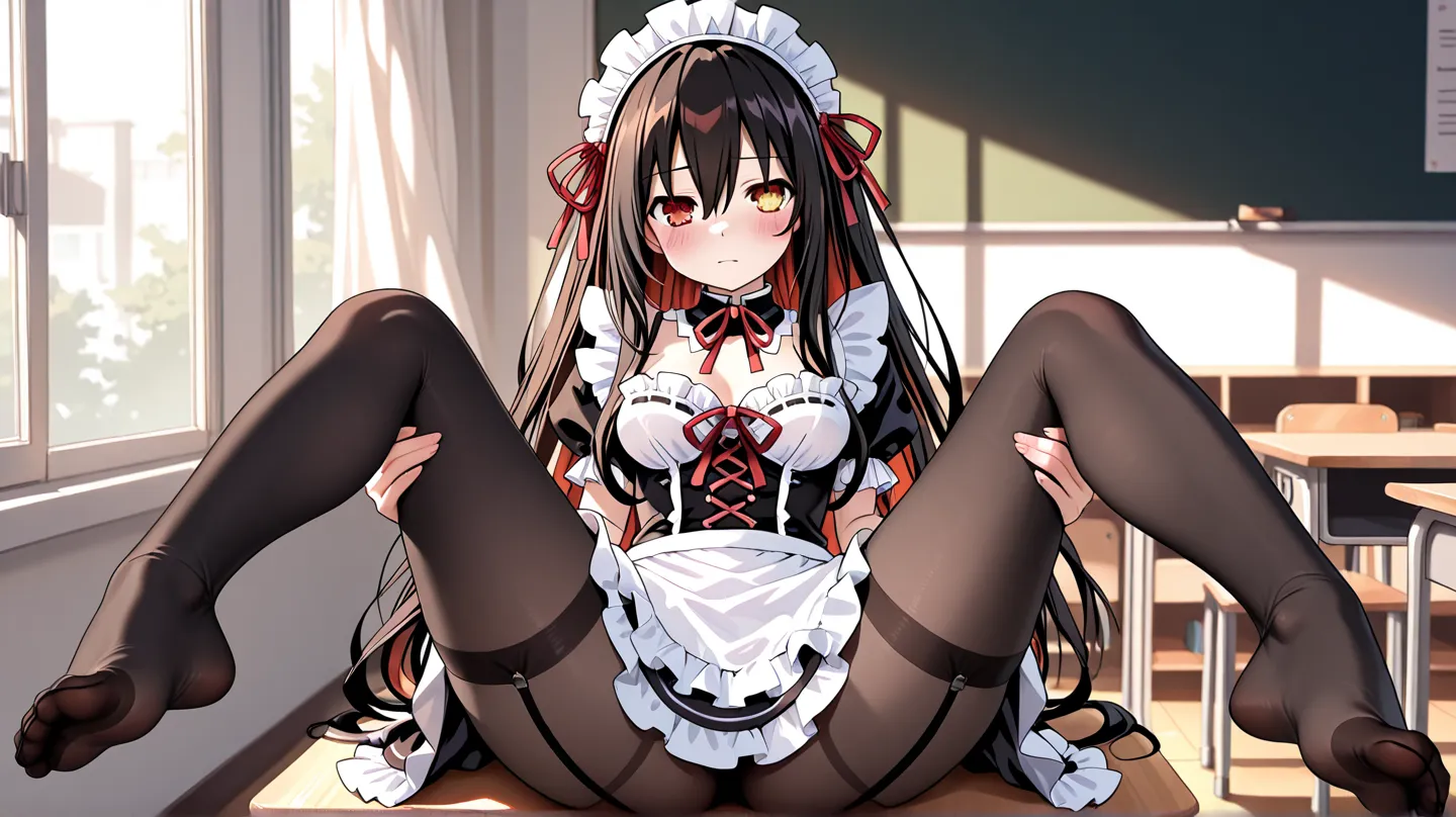 sfw, black stocking, high hells, kurumi tokisaki (date a live), lewd, classroom, maid uniform, 8K, masterpiece, ultra-detailed, feet, spreading legs