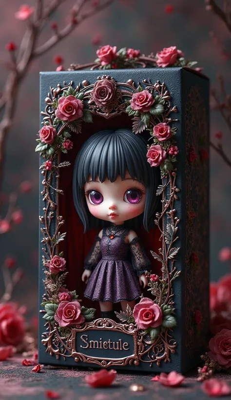 make a packaging for a mini chibi anime version. Make it dark feminine style. Unique and appealing