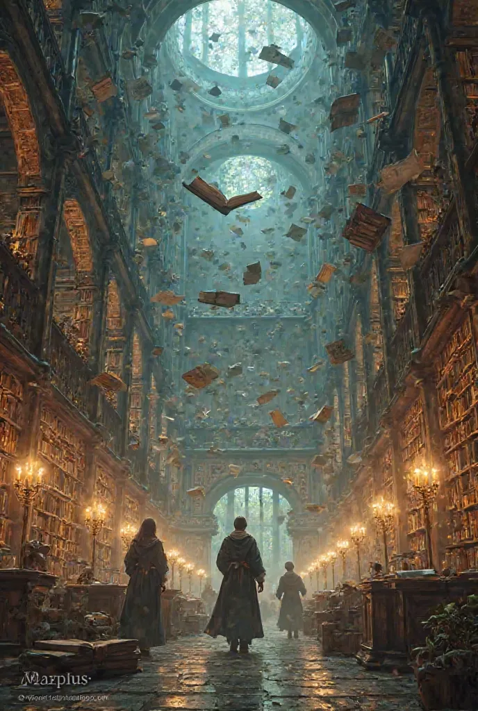 A mystical library with floating