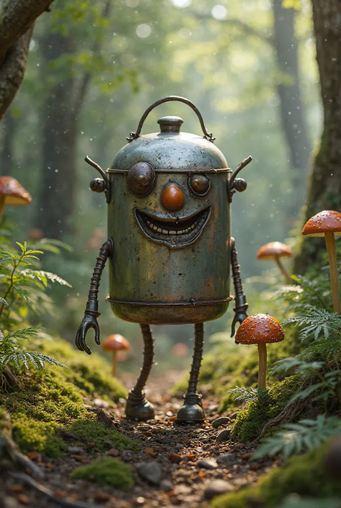 A metal pot that walks in the woods looking for mushrooms, has a human face, human eyes, human legs