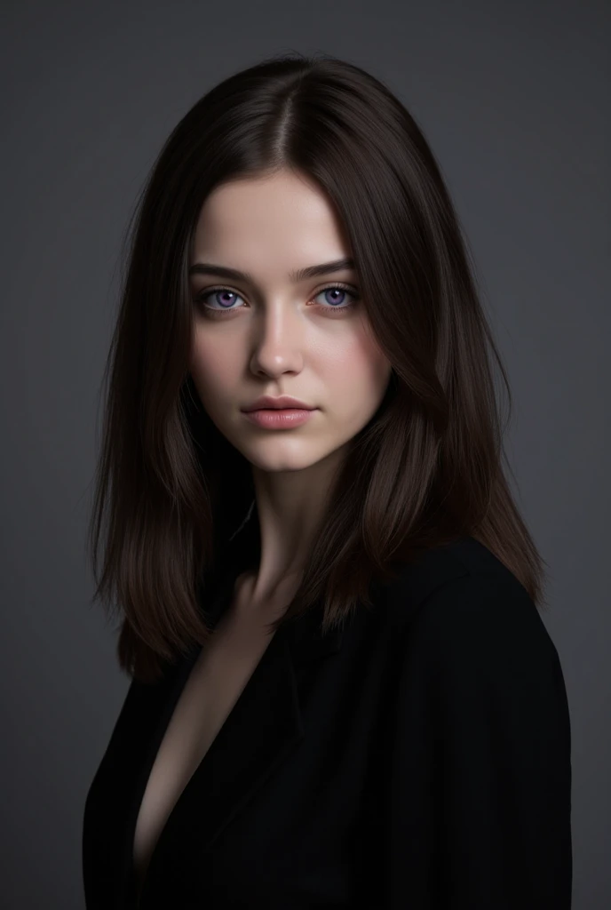  Woman, Young, beautiful, long hair,  Violet Eyes, black jacket, serious face