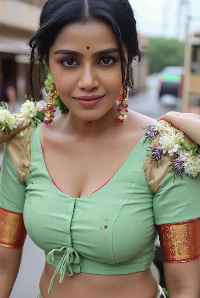 Indian woman, standing position, full front view , visible big  cleavage and nipple, full body image , front view hip visible with sexy hip fold,  standing in a street, ultra-detailed, photorealistic, 8k, best quality, intricate details, wearing very old s...