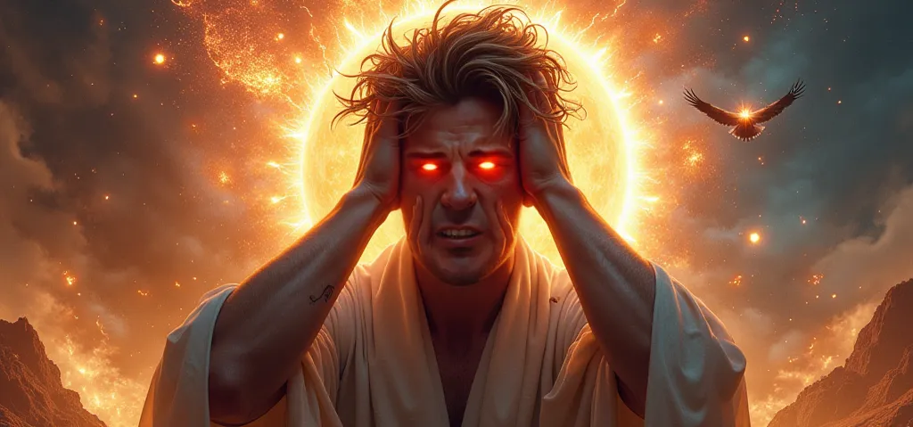 "A highly detailed, dramatic, and intense digital painting of a man holding his head in distress, with glowing red eyes and energy cracks running through his skin. His expression conveys overwhelming divine judgment and cosmic retribution. The background f...