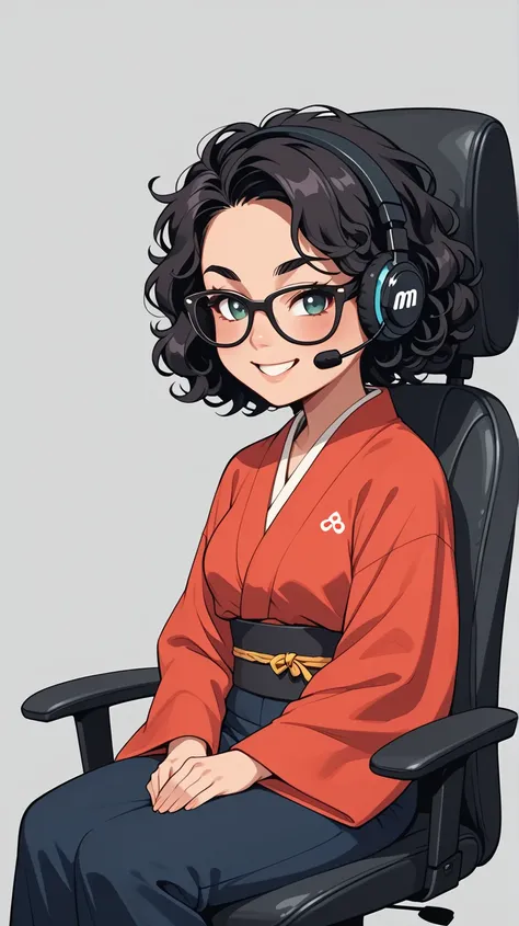 An adult Japanese woman. She has semi-short, black curly hair. She wears glasses and a dark red and dark gray Japanese-kimono. She is wearing a gaming headset, sitting in a gaming chair, and broadcasting her PC gameplay. She has finally completed a game th...