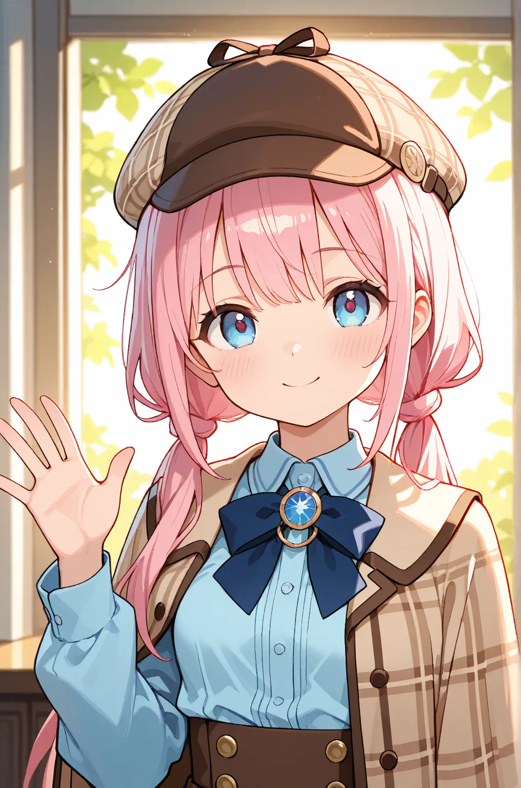 1girl,Twintails, Multicolored Hair, Shiny Hair, small Breasts, detective uniform, Blue eyes, , Light Blush, Multicolored Eyes, waving, POV,, Blue Hair, Light Blush, Hair Bell, Pink Hair, 